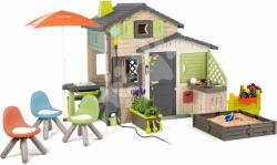 Smoby Căsuța Pietenilor ecologică cu bucătărie sub lampă în culori naturale maro Friends House Evo Playhouse Green Smoby extensibilă (SM810253-2C)