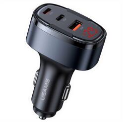 USAMS C42 autós töltő USB+2 Type-C aljzat (100W, PD gyorstöltő, LED kijelző) FEKETE CC257 (CC257)