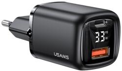 USAMS T46 hálózati töltő USB+Type-C aljzat (33W, PD gyorstöltő 3.0, LED kijelző) FEKETE CC152TC01 (CC152TC01)