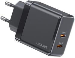 USAMS T54 hálózati töltő 2 Type-C aljzat (40W, GaN, PD gyorstöltő) FEKETE CC172TC01 (CC172TC01)