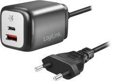 LogiLink Kettős USB-csatlakozós adapter, GaN, 1x USB-A, 1x USB-C, 30 W, rögzített kábel
