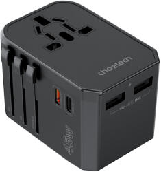 Choetech USB-C2+A2 (45W, fekete, travel, US, UK, EU, AU), töltő