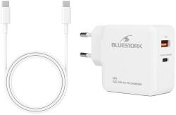 Bluestork Hálózati töltő - PW-BS-65-GAN-C-A-W (USB-C, USB-A, 65W, 1, 8m kábel, gyorstöltés, fehér) (PW-BS-65-GAN-C-A-W)