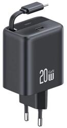 USAMS YC hálózati töltő Type-C aljzat (20W, PD gyorstöltő, GaN + fix, csévélhető Type-C kábel) FEKETE CC233TC01 (CC233TC01)
