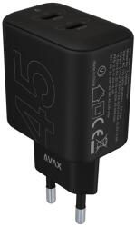 AVAX CH602B SPEEDY+ 45W GaN 2x USB-C PD3.0 fekete gyors töltő adapter (AVAX CH602B) - pcx