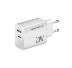 Esperanza Quich Power Charger 20W USB-C PD 20W / USB-A QC 3.0 18W White EZC105W (EZC105W)