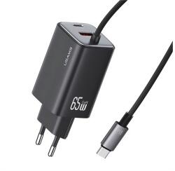 USAMS JC hálózati töltő Type-C aljzat (66W, PD gyorstöltő, GaN + fix Type-C kábel) FEKETE CC266TC01 (CC266TC01)