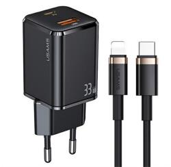 USAMS T43 hálózati töltő USB+Type-C aljzat (33W, PD gyorstöltő 3.0 + lightning kábel) FEKETE USKTZ01 (USKTZ01)