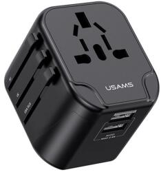 USAMS T55 utazó töltő 2 USB aljzat (12W, EU, UK, US, AU) FEKETE CC173TC01 (CC173TC01)