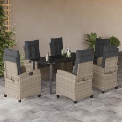vidaXL 7 részes világosszürke polyrattan kerti étkezőszett párnával (3212858)