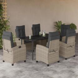 vidaXL 7 részes világosszürke polyrattan kerti étkezőszett párnával (3212848)