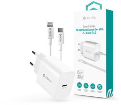 DEVIA ST109568 Devia Smart Series 30W GaN PD+QC hálózati gyorstöltő adapter + Type-C/Lightning kábel - fehér (ST109568)