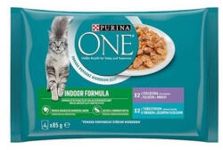  Nestle PURINA ONE macska Multipack Beltéri mini filé tonhallal és zöldbabbal / borjúhússal és sárgarépával lében ÚJ 4x85g