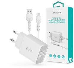 DEVIA ST364020 Devia Smart 2xUSB hálózati töltő adapter + USB - micro USB kábel 1 m-es vezetékkel - 12W - Devia Smart Series Charger Suit With Micro Cable - fehér (ST364020)