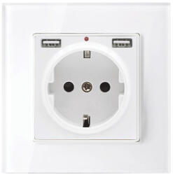 German Type Socket 16a 2xusb Glass Frame Wh+c. Box (195018cc-wh)