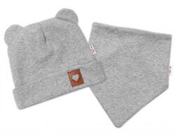 Baby Nellys Bordás kétrétegű füles sapka + TEDDY sál - szürke melange Velikost koj. oblečení: 80/86 (12-18m)
