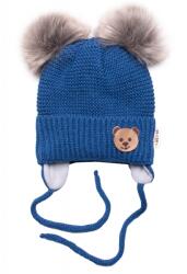Baby Nellys Téli sapka gyapjú Teddy Bear - bolyhos. pomponok - sötét. kék, szürke Velikost koj. oblečení: 56-68 (0-6 m)
