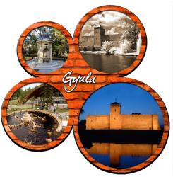 Ajándékgyár Fa hűtőmágnes Gyula - Petőfi tér, Vár*2, Várfürdő (4 körös) (KM04)