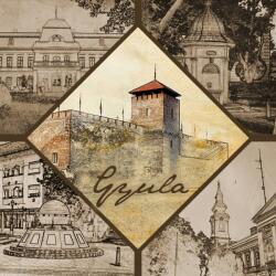 Ajándékgyár Lapmágnes Gyula 6x6 cm - Vár, Petőfi tér, Almásy-kastély, Világóra barnított (LM06)