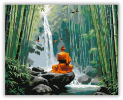  Meditáló Szerzetes a Vízesésnél Bambuszerdőben - számfestő készlet