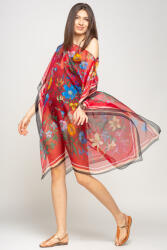 SHOPIKA Rochie de plaja tip poncho de plaja cu flori si fluturi pe fond rosu, matase si vascoza Talie unica