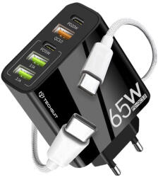 Techsuit - Prémium fali töltő PentaXPower (CHC2) - 3x USB QC 3.0, 2x Type-C PD 20W, 65W, LED, 1 méteres Type-C kábellel - Fekete