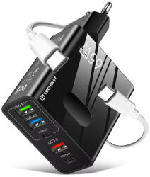 Techsuit - Prémium Fali Töltő PentaXPower (CHC1) - 3x USB QC 3.0, 2x Type-C PD 25W, 65W, LED, GaN, Type-C Kábel, 1m - Fekete