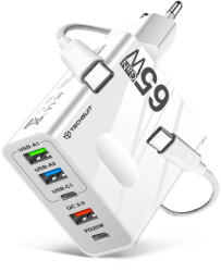 Techsuit - Prémium Fali Töltő PentaXPower (CHC1) - 3x USB QC 3.0, 2x Type-C PD 25W, 65W, LED, GaN, Type-C Kábel, 1m - Fehér
