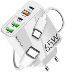 Techsuit - Prémium fali töltő PentaXPower (CHC2) - 3x USB QC 3.0, 2x Type-C PD 20W, 65W, LED, Type-C kábel, 1m - Fehér