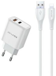 Awei PD81L-EU hálózati töltő USB+Type-C aljzat (22.5W, GaN, PD gyorstöltő + lightning kábel) FEHÉR (PD81L-EU) - pcx