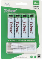 Tcbest újratölthető akkumulátor R6 (AA) 750 mAh C típusú foglalattal + USB A - 4 x C típusú kábel 4 db