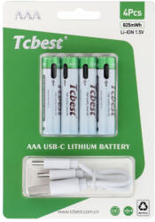 Tcbest újratölthető akkumulátor R3 (AAA) 220 mAh C típusú aljzattal + USB A - 4 x C típusú kábel 4 db