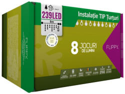 Flippy Instalatie Craciun Turturi, IP44, 8 m, 239 Led-uri , Perdea Franjurata, Alb cald, 8 jocuri de lumini, Transformator 31 V, Putere 9 W, Interconectabila, Interior Exterior, Prelungitor 5 m inclus, Fir T