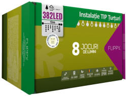 Flippy Instalatie Craciun, 13 m, 382 Led-uri , Franjuri, Alb cald, 8 jocuri de lumini, Transformator cu telecomanda, Interconectabila, Prelungitor 5 m inclus, Fir Negru, Flippy (teo-105176)