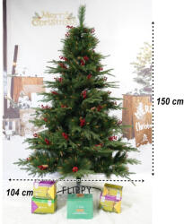 Flippy Brad artificial de Craciun, decorat cu conuri pin rosii, pentru interior exterior, inaltime 150 cm, diametru 104 cm, 323 ramuri, Flippy, verde, suport metalic inclus (teo-106798)