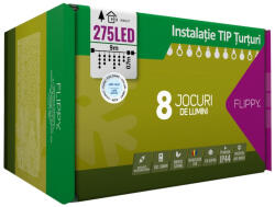 Flippy Instalatie Craciun Turturi, IP44, 9 m, 275 Led-uri , Perdea Franjurata, Alb rece, 8 jocuri de lumini, Transformator 31 V, Putere 9 W, Interconectabila, Interior Exterior, Prelungitor 5 m inclus, Fir T