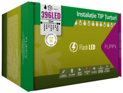 Flippy Instalatie Craciun, 12 m, 396 Led-uri , Franjuri, Alb cald, Flash, Transformator cu telecomanda, Interconectabila, Prelungitor 5 m inclus, Fir Negru, Flippy (teo-106317)