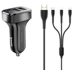 USAMS KING TU C13 autós töltő 2 USB aljzat (10W, LED jelzés + lightning/microUSB/Type-C kábel) FEKETE NTU35YTSC13TZ (NTU35YTSC13TZ)