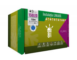 Flippy Instalatie Craciun, 15 m, 150 Led-uri , Liniara, Albastru, 8 jocuri de lumini, Transformator, Interconectabila, Prelungitor 5 m inclus, Fir Verde, Flippy (teo-108469)
