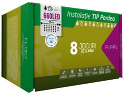 Flippy Instalatie Craciun, Tip Perdea, IP44, 11 m x 1 m, 660 LED-uri, Alb rece, 8 jocuri de lumini, Transformator cu telecomanda, Interconectabila, Prelungitor 5 m inclus, Fir transparent, Interior Exterior 