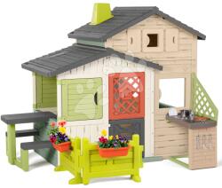 Smoby căsuța prietenilor cu colțișor de grădină lângă bucătăria de joacă Friends Evo Playhouse Life Smoby modulabilă în nuanțe naturale de maro (SM810253-2CS) Casuta pentru copii