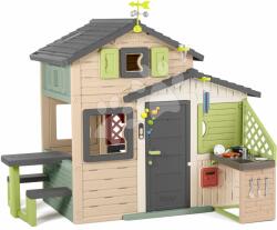 Smoby Căsuța Prietenilor cu o masă de picnic în culori naturale maro Friends Evo Playhouse Life Smoby extensibilă (SM810253-2P)