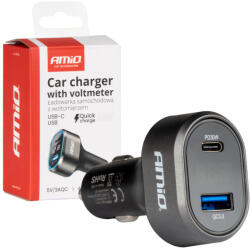 AMIO Szivargyujtós autós töltő LED voltmérővel - 48W QC 3.0 + PD 30W (04178)