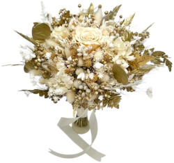 Eventissimi® Buchet alb-auriu, cu flori naturale uscate si trandafir criogenat XL, personalizabil, ideal pentru cununie civila, nunta, mireasa sau cadou (BF-265)