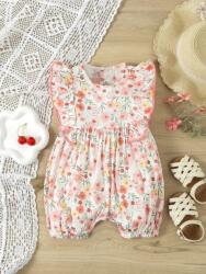 SuperBaby Salopeta alba cu floricele roz pudra