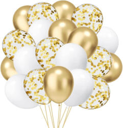 Flippy Set 16 Baloane din Latex, Flippy, Model Party, 30 cm, Alb, Auriu, Transparent Confetti, 2.8 g (teo-130988)
