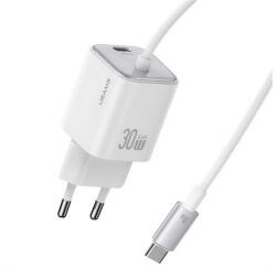 USAMS JC MINI încărcător de rețea cu priză Type-C (30W, încărcător rapid PD, GaN + cablu fix Type-C) ALB (CC264TC02)