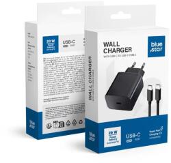 Blue Star aljzatos töltő, 1x USB C + USB C - USB C kábel, PD QC4.0 3A 20W, fekete (K-5903396267109)