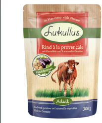 Lukullus 12x300g Lukullus Naturkost marha à la provençale (gabonamentes) tasakos nedves kutyatáp 10+2 ingyen akcióban