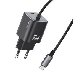 USAMS JC MINI hálózati töltő Type-C aljzat (30W, PD gyorstöltő, GaN + fix Type-C kábel) FEKETE CC264TC01 (CC264TC01)